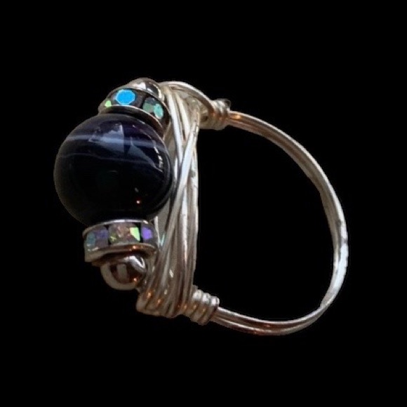 Silver Wire Wrapped Deep Purple White Swirl Rhinestone Fidget Ring jewelry - Picture 5 of 11